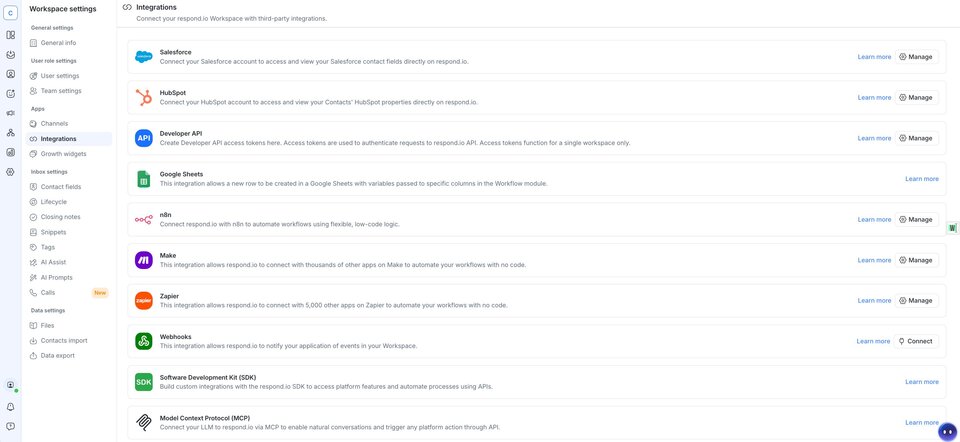 Screenshot of the respond.io Integrations settings page showing native connections to HubSpot and Salesforce alongside Zapier, Make and n8n options, demonstrating how B2C teams keep customer context synced across their CRM and inbox.