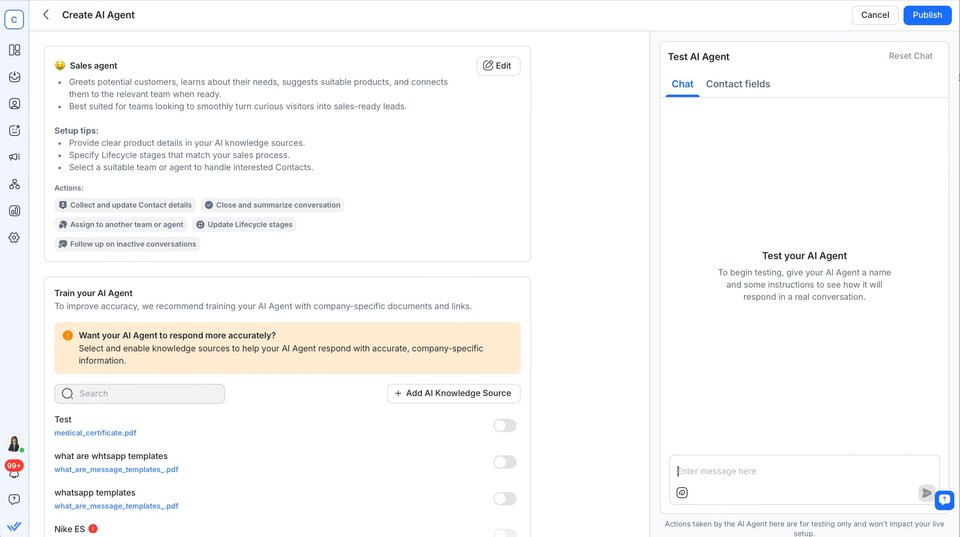 Screenshot of the respond.io AI Agent setup page showing configuration options for routing conversations, training with company documents and testing AI responses to automatically send messages to the right team.