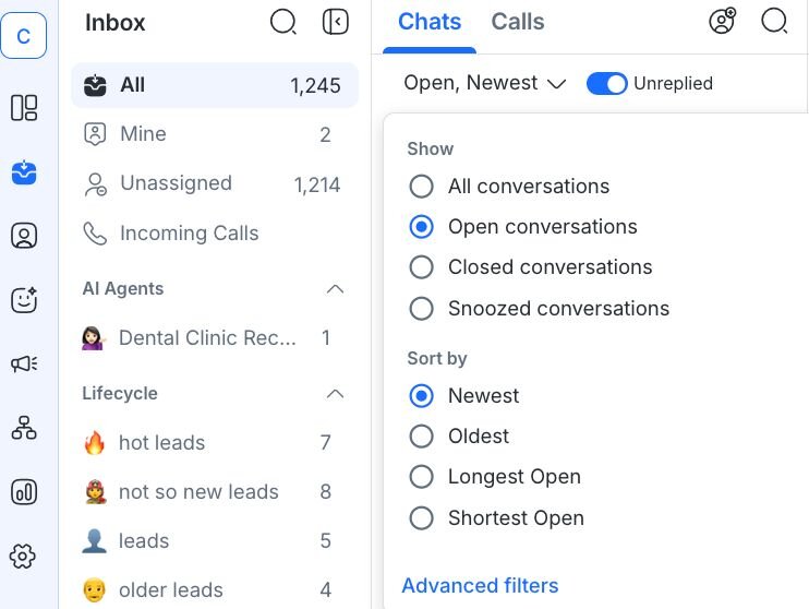 Screenshot of the respond.io inbox chat filter showing that users can sort and filter conversations to quickly identify which ones are unreplied or unassigned so no lead goes overlooked.