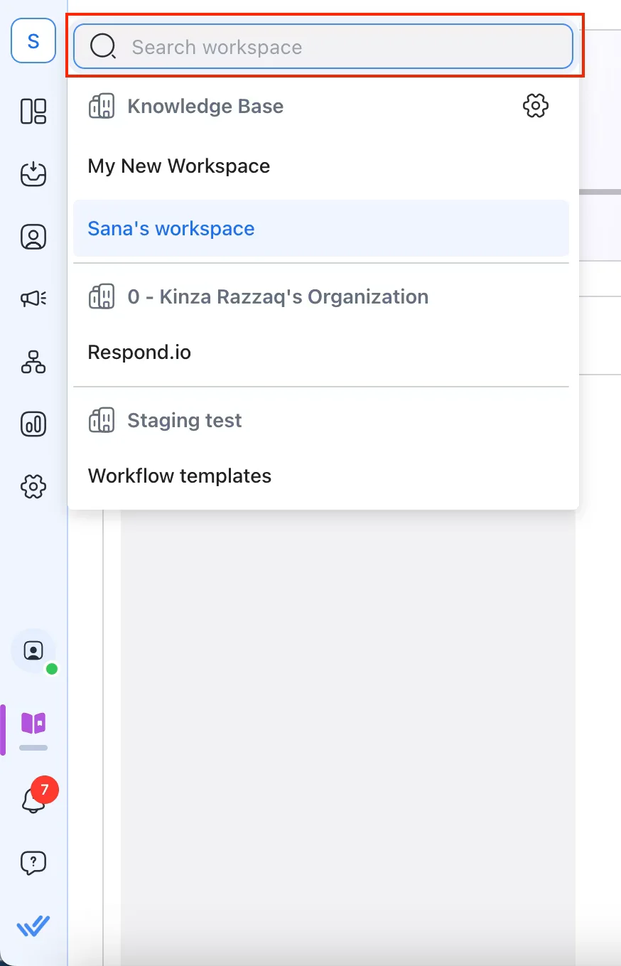 Screenshot of the respond.io Workspace Switcher showing multiple brand workspaces listed in the sidebar, illustrating how managers and agents move between brands without switching accounts.