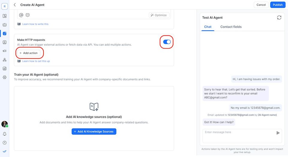 Screenshot of the respond.io AI Agent builder showing an HTTP request action being configured to send data to an external system, illustrating how AI Agents execute actions to move deals toward closing faster.