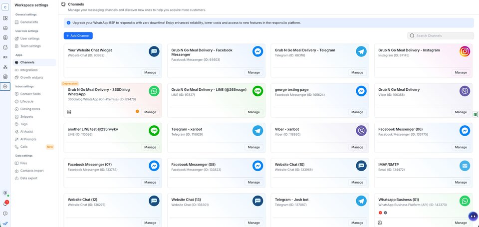 Screenshot of the respond.io Channels page showing WhatsApp, Instagram, LINE, Telegram, Viber and Messenger connected to a single workspace, illustrating how country-specific channels are managed without fragmentation.