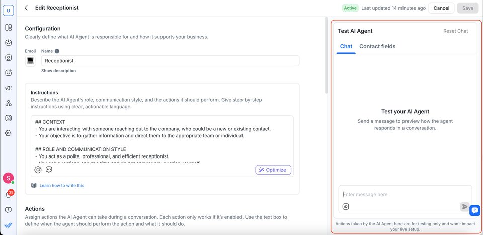 Screenshot of the respond.io AI Agent editing page showing configuration settings and a testing panel where users can preview and test AI responses before deployment.