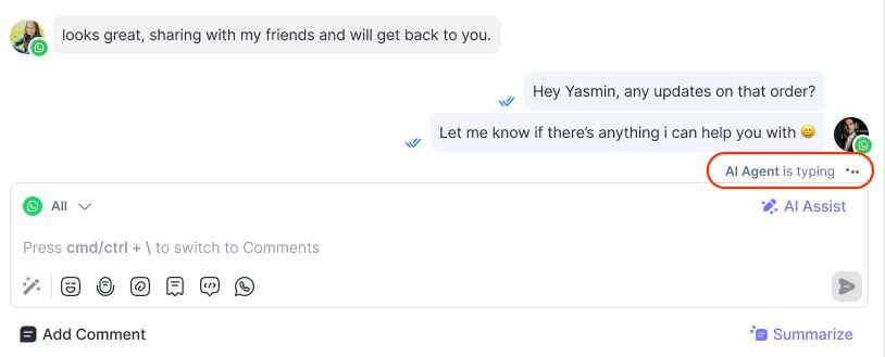Screenshot of the respond.io Inbox showing a WhatsApp chat where the AI Agent is typing, illustrating how AI Agents handle FAQs and qualification tasks automatically.