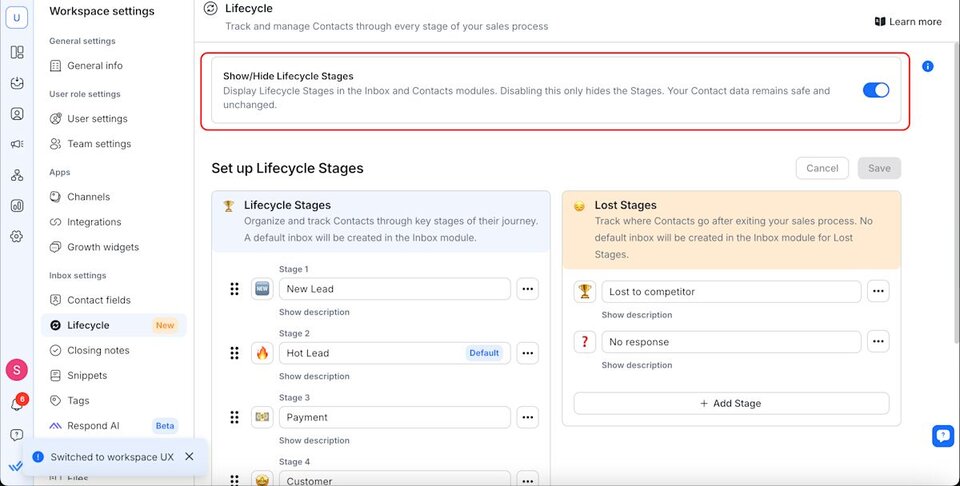 Screenshot of the respond.io Lifecycle settings page showing stages such as New Lead, Hot Lead, and Lost to competitor, illustrating how teams define their sales stages to track contacts from first message to closed deal.