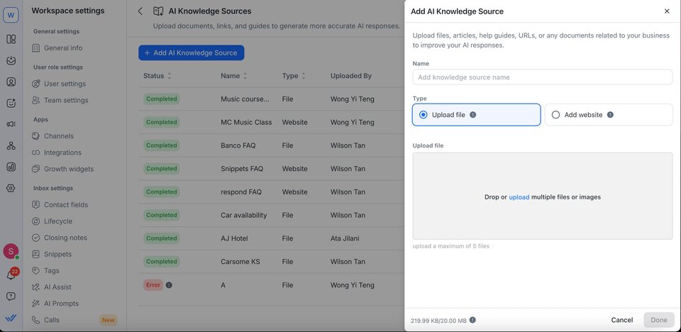 Screenshot of the respond.io AI Knowledge Sources page showing uploaded files and websites used to train AI Agents, with options to add new sources by uploading documents or linking web pages.