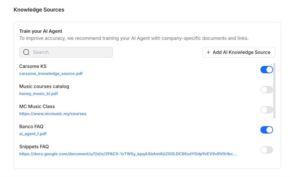 Screenshot of the respond.io AI Agent settings showing brand-specific knowledge sources synced for training, illustrating how each brand's AI learns from its own documentation.
