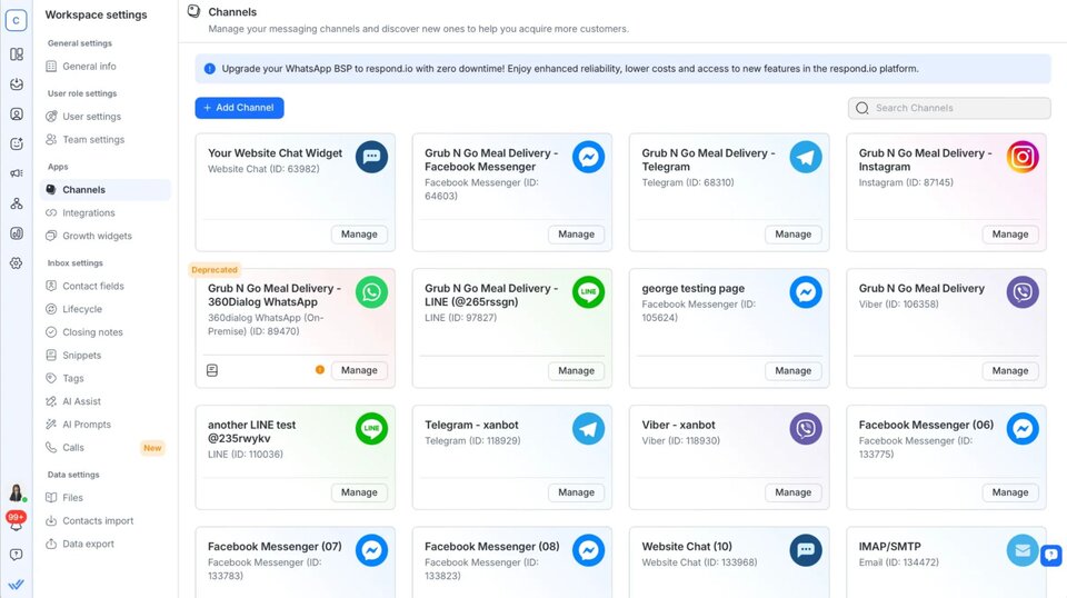 Screenshot of the respond.io Channels page showing connected platforms like WhatsApp, Facebook Messenger, Instagram, Telegram, LINE and Viber, where users can quickly add or manage messaging channels from a single dashboard.