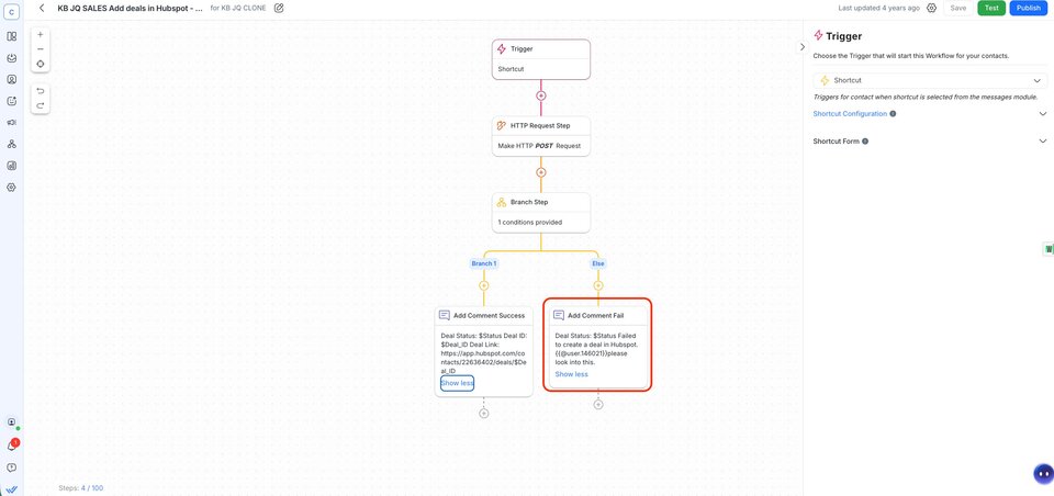 Screenshot of the respond.io Workflow editor showing a branch validation error message, illustrating how the platform flags broken logic before deployment.
