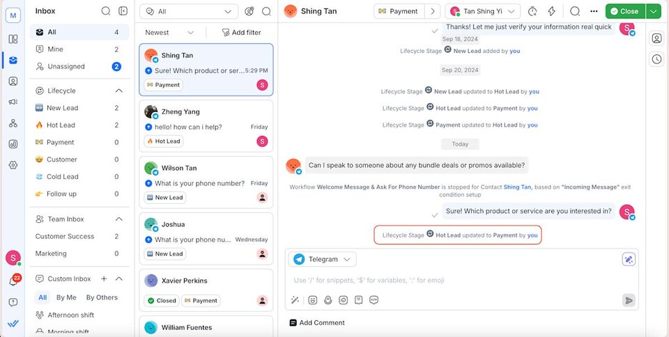 Screenshot of the respond.io inbox showing Lifecycle Stage controls alongside a conversation, proving that agents can update lead status in real time without switching to the CRM.