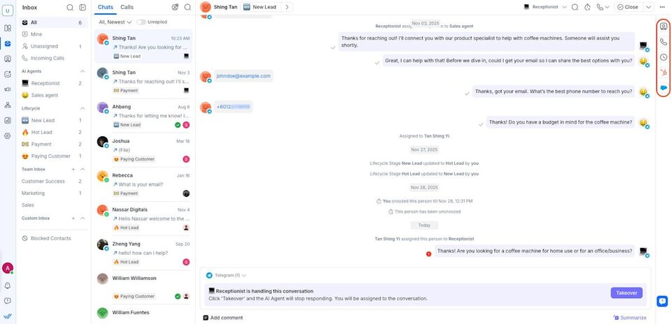 Screenshot of the respond.io inbox showing calls and chats managed alongside each other, proving that all agents share full conversation context across channels without switching tools.
