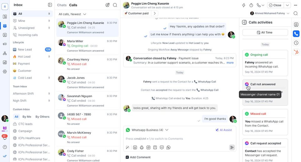 Screenshot of the respond.io inbox showing a unified contact thread with WhatsApp messages and a voice call log, demonstrating how chats and calls from the same customer are managed in one view.
