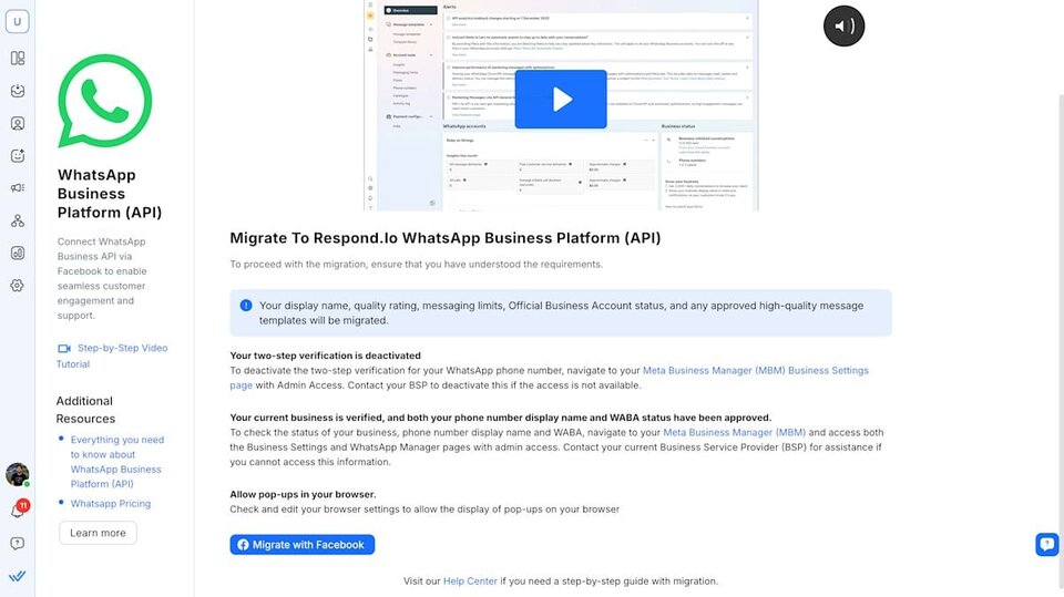 Screenshot of the respond.io WhatsApp API channel setup page showing the Meta Account prerequisites, demonstrating the requirements teams must meet to complete migration in under five minutes.