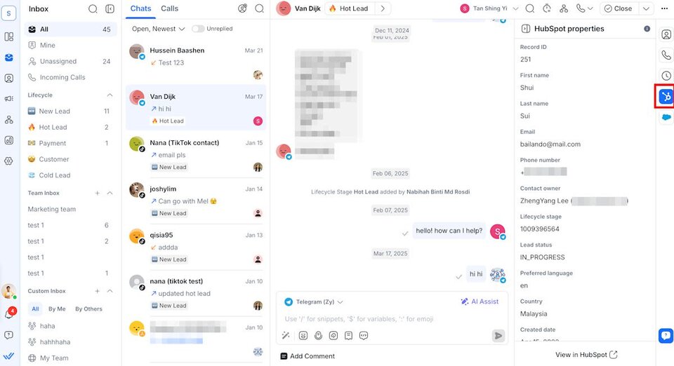 Screenshot of the respond.io inbox with HubSpot integration open, showing contact properties displayed alongside the live conversation, proving that agents can view CRM records without leaving the inbox.