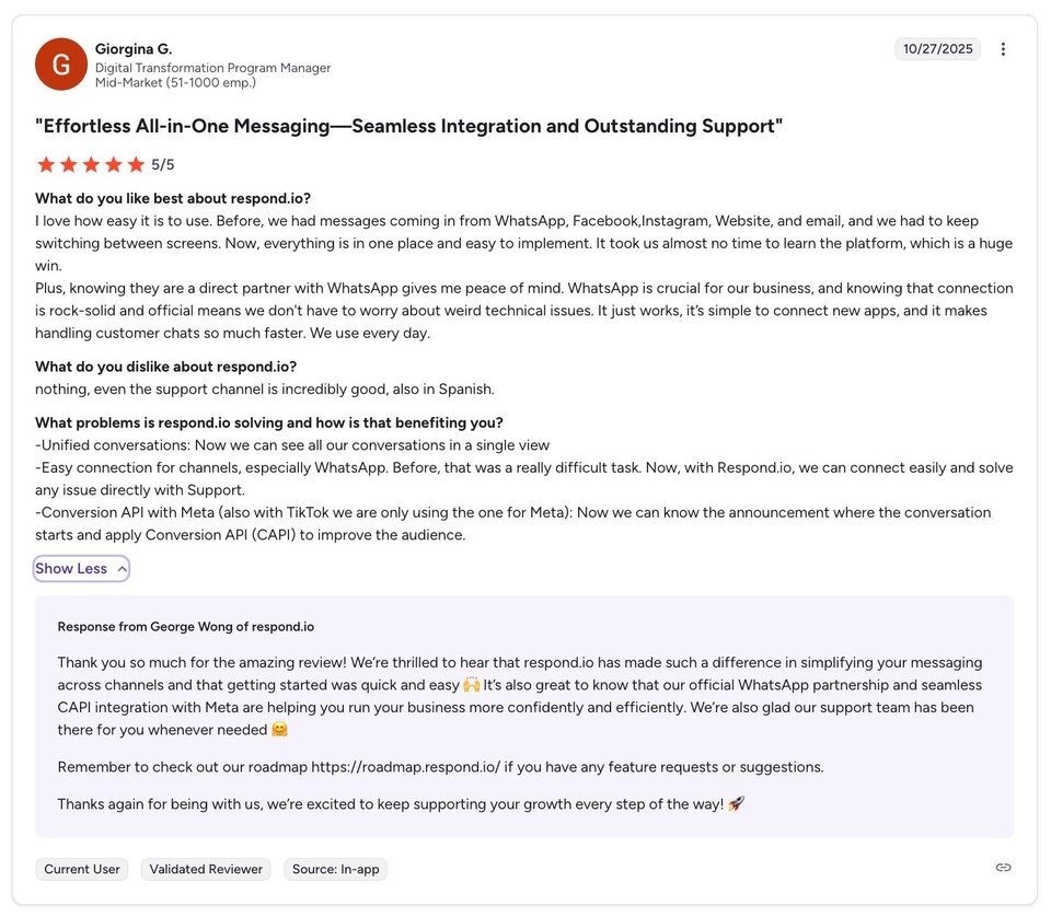 Screenshot of a respond.io customer review praising its seamless integration, reliability and outstanding support, highlighting 24/7 assistance, official WhatsApp partnership and Conversion API (CAPI) integration with Meta.