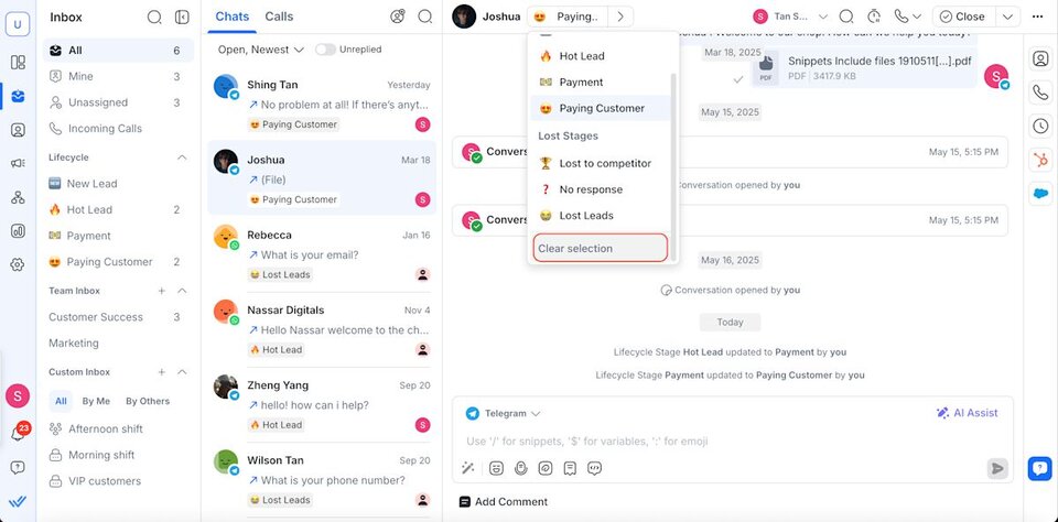 Screenshot of the respond.io contact drawer showing a lifecycle stage update triggered by an AI Agent action, illustrating how leads progress through sales stages automatically to make status clear so human agents can close faster.