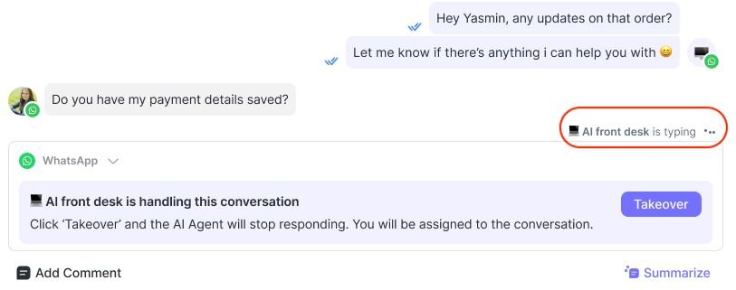 Screenshot of the respond.io inbox showing a manager's view of an active AI Agent conversation with the option to intervene, illustrating how teams maintain oversight of AI-driven sales conversations.