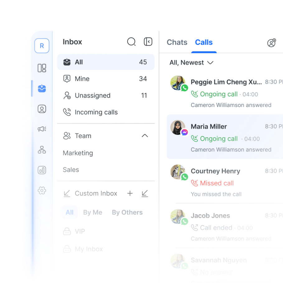 1. Call and chat in one inbox - Unify calls and chats on WhatsApp, Messenger, TikTok, Instagram, VoIP and more to see the full customer story.