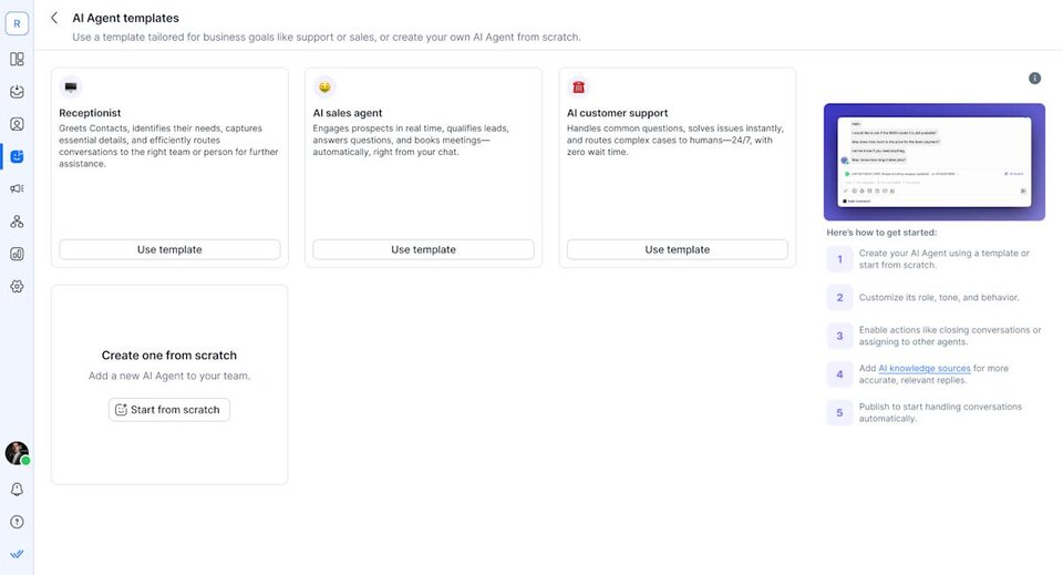 Screenshot of the respond.io AI Agent setup page showing preset roles including receptionist, sales agent and customer support, proving that AI Agents can be deployed without custom configuration.