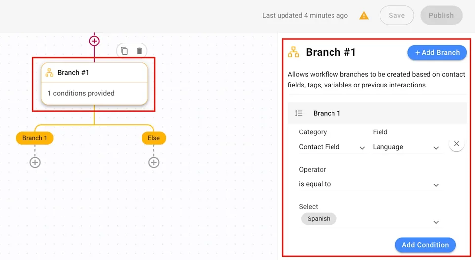 Screenshot of the respond.io Workflow builder showing routing logic that branches conversations by detected language or country, illustrating how leads are automatically assigned to the right regional team.